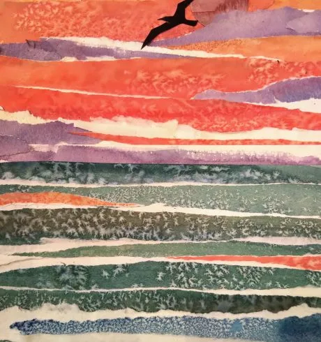A collage painting includes a back silhouette of a gull