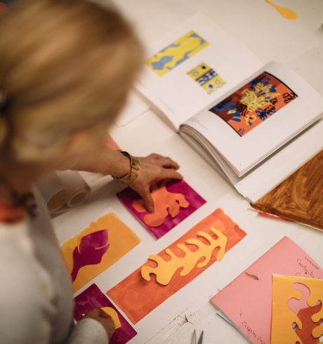 A person looks at leaf prints, shown from above.