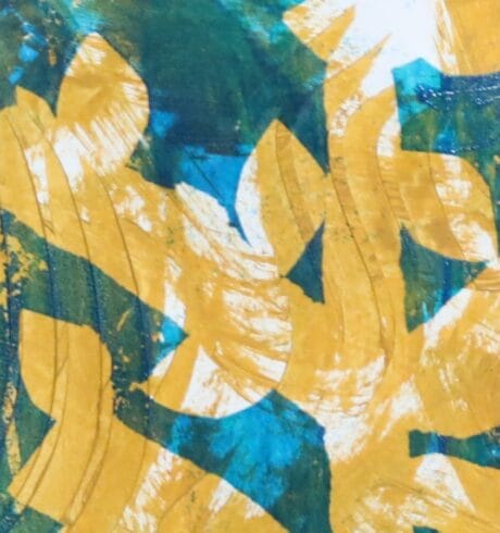 Abstract design of yellow branches and leaves on a blue background.